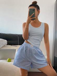 DAZY 简约纯色罗纹针织背心和罗纹饰边短裤家居服套装，休闲装，睡衣 - 淺藍色 - 查看 5