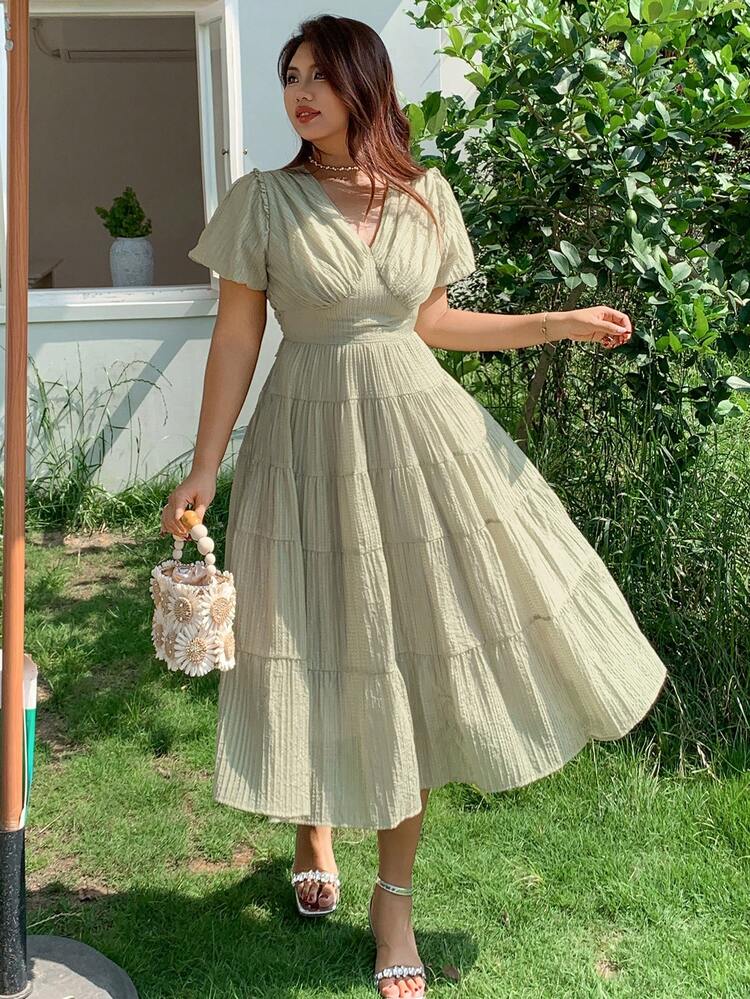 Dazy Plus Textured Fabric V-Neck Puff Sleeve Tie-Back Maxi Summer Dress