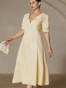 Aveloria Rosie V-Neck Vintage Style Sexy Small Collar Puff Sleeve Short Striped Waist Pleat Yellow Plus Size Extra Long Women Dress