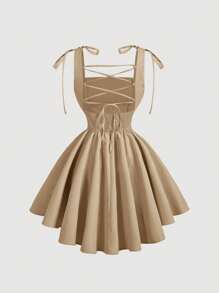 SHEIN MOD 卡其色梦幻浪漫露背系带蝴蝶结连衣裙，适合约会、派对、节日、茶会、生日场合 - 卡其色 - 查看 2