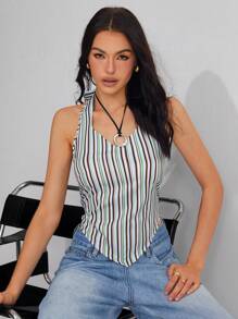 Roylia 女式夏季条纹时尚挂脖背心 - 綠色 - 查看 1