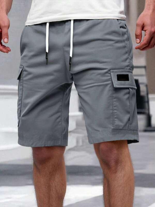 Manfinity Homme Heren effenkleurige, elastische tailleband met trekkoord en zak, casual cargoshorts