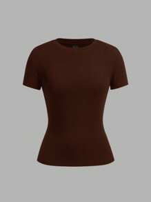 SHEIN EZwear Bộ 2 áo thun cổ tròn tay ngắn cơ bản thường ngày, màu nâu sẫm và màu be nhạt, mùa xuân/hè - Nhiều màu - Xem 3