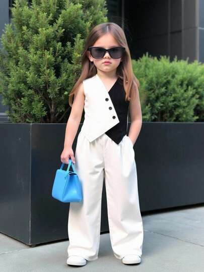 SHEIN Babygirl Summer Urban Elegant Black & White Patchwork Camisole & Loose Waist Dress 2pcs Set