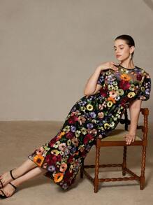 Aveloria Rosie 法式优雅薄纱 3D 花卉面料特殊材质高腰长袖加大码连衣裙 - 彩色 - 查看 6