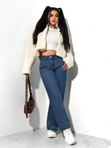 SHEIN PETITE 女士休闲宽松口袋阔腿牛仔裤 - 藍白色 - 查看 6