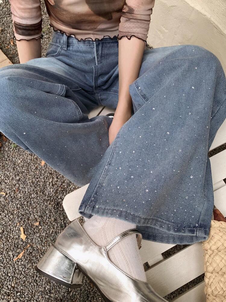 Women's All Over Floral Print Pocket Casual Wide Leg Jeans