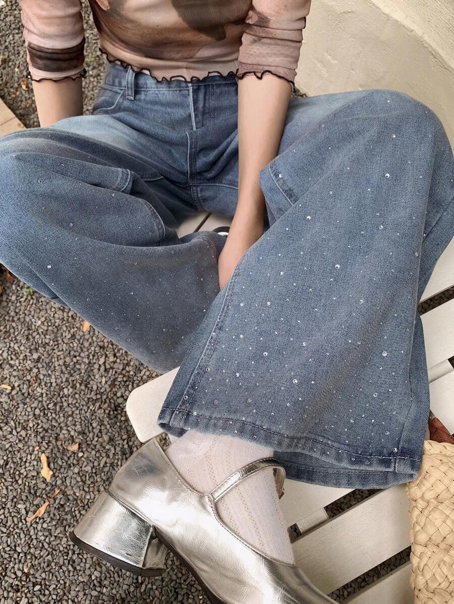 DAZY 女式全花卉印花口袋休闲阔腿牛仔裤 - 藍色 - 查看 1