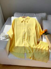 Comfortcana Set de 2 piezas con top corto y shorts en color liso con lazo decorativo y espalda descubierta para mujer - Amarillo - Ver 4