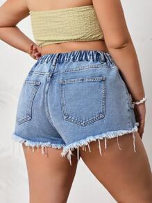 SHEIN CURVE+ Pantaloni scurți din denim spălați și uzați, mărime plus, de vară, casual