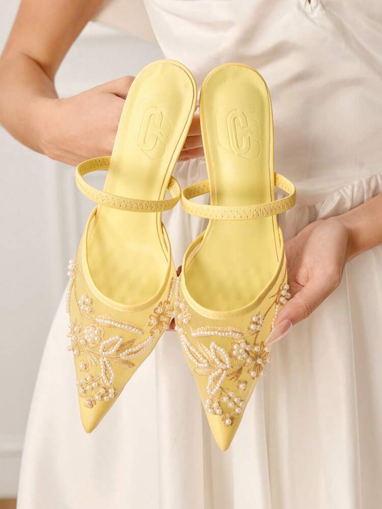 CUCCOO HITCHD Women's Shoes: New Summer High Heel Pumps With Faux Pearl Embroidery And Lace. Pointed Toe, Elegant Romantic Yellow Mesh. Ideal For Weddings, Parties, Dates, Formal Occasions, And Bridal Parties. For Christmas Elegant Shoes Wedding Shoes Summer Shoes Bride Shoes