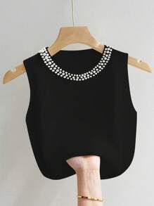 INAWLY Plus Size Black Sleeveless Top With Faux Pearl Decor, Fashionable For Summer - Black - View 1