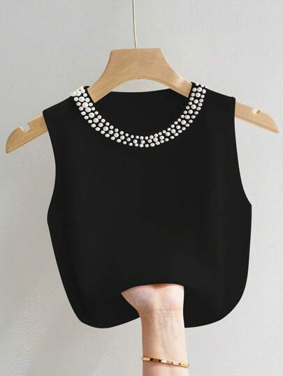 INAWLY Plus Size Black Sleeveless Top With Faux Pearl Decor, Fashionable For Summer