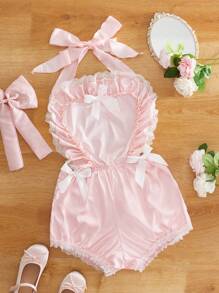 Romper sexy pentru femei, cu volan în mai multe straturi, garnitură din dantelă, decor cu fundă, spate deschis, cravată, stil prințesă, din tafta cu pliuri, drăguț - Roz - Vizualizare 8