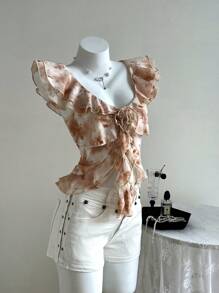 SHEIN Unity Camisa de verano con estampado floral naranja, adornada con cuentas y ribete de volantes para mujeres - Multicolor - Ver 1