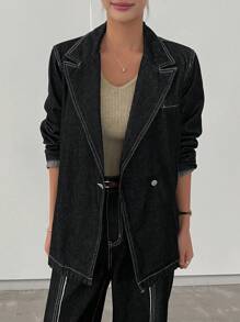 DAZY 女士宽松双色牛仔西装裤 - 深灰色 - 查看 2