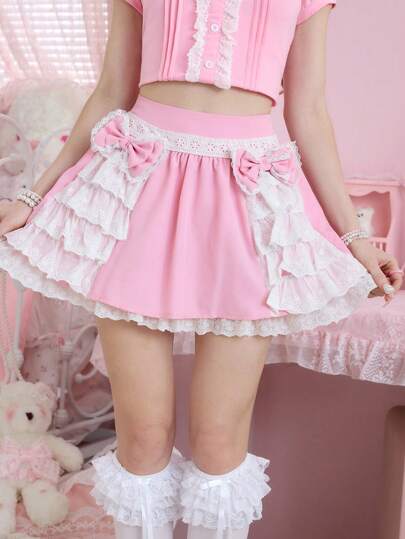 Jupe style Lolita pour femmes d'été kawaii, avec bloc de couleurs, décor de nœud et volants multicouches à ourlet