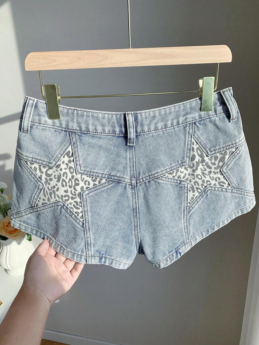 Comfortcana 女士豹纹星星口袋休闲百搭俱乐部女士性感牛仔短裤，乡村音乐会，返校季