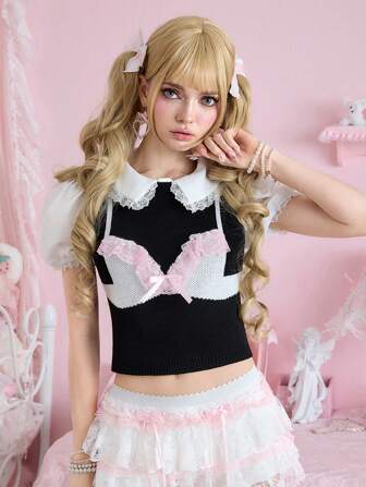 Kawaii Chaleco de punto con cuello redondo, decoración de encaje y lazo en el pecho, estilo lindo y femenino para mujer
