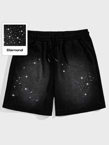ROMWE MEN Street Life Men's Rhinestone Drawstring Waist Loose Casual Versatile Shorts