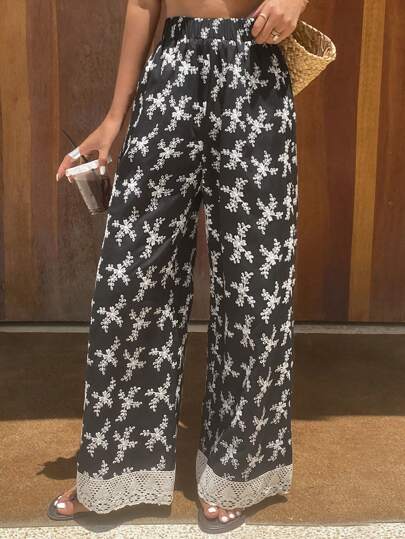 Livesso 花卉印花拼布松紧腰宽松7/8裤，女士休闲夏季度假裤