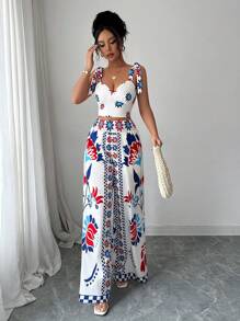 Elenzga Bộ đồ hai mảnh in họa tiết thanh lịch thời trang giản dị ngày lễ lãng mạn tiệc âm nhạc bohemian mùa hè hiện đại áo crop top hai dây và quần ống rộng ống đứng - Màu xanh lam - Xem 3