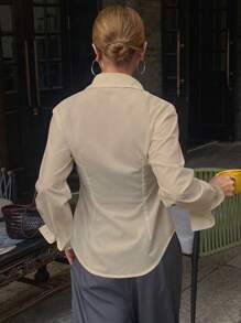 DAZY Blusa casual, elegante y vintage de manga larga con cintura ajustada y unicolor para mujer, otoño