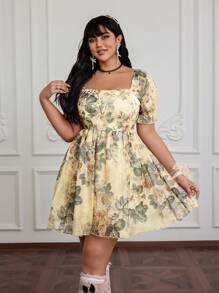 Flirla Plus Size Women Vintage Floral Print Puff Sleeve Mesh Overlay Dress
