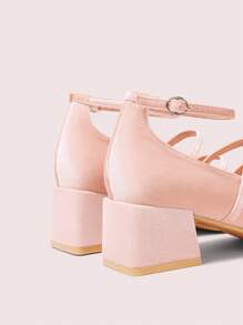 CUCCOO DOLLMOD 莲藕粉色韩版仿皮草玛丽珍粗跟方头时尚女士高跟鞋 - 藕粉色 - 查看 8