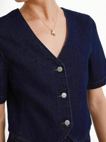 V-Neck Short Sleeve Denim Top Shirt, Beige - Dark Wash - View 5
