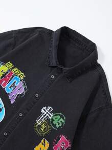 ROMWE MEN Prep 男士单排扣落肩短袖字母印花休闲牛仔衬衫 - 黑色 - 查看 7