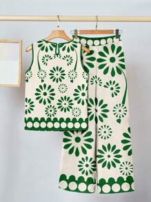 SHEIN Clasi 2 pièces/Set Femmes Débardeur ample à col rond avec motif floral rétro et pantalon évasé, convient pour les vacances d'été