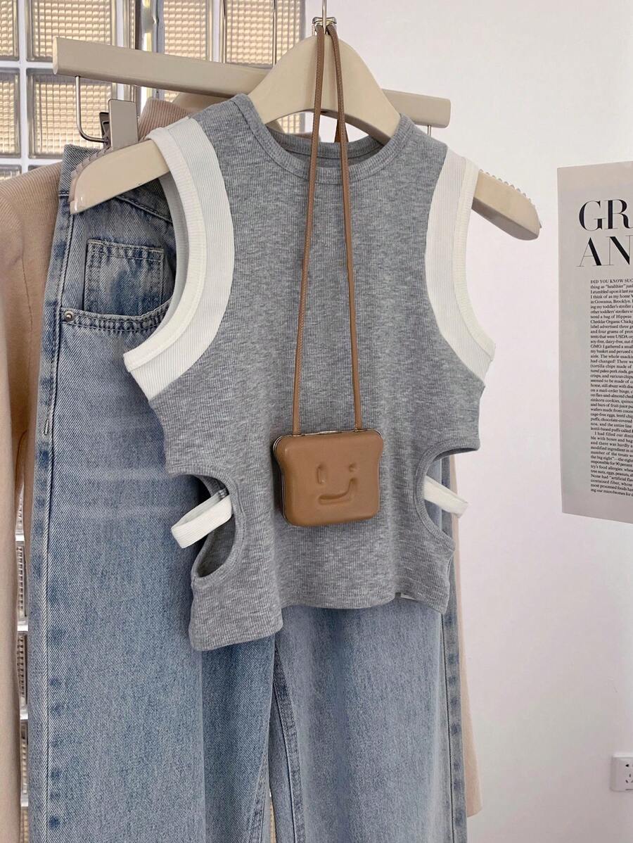 Airaco 女式夏季休闲拼色镂空无袖上衣 - 灰色 - 查看 1