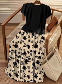 SHEIN Clasi 大码女式春夏套装，含酒红色短袖上衣、纽扣领夹克和碎花裙，休闲优雅复古浪漫假日/通勤风格 - 黑色 - 查看 2