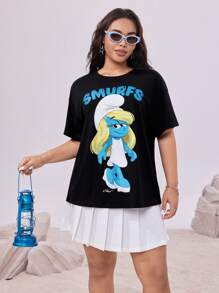 The Smurfs X SHEIN 大码女式休闲宽松卡通图案可爱夏季音乐节黑色T恤 - 黑色 - 查看 7
