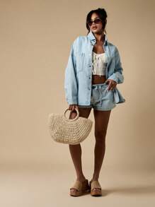 MISSGUIDED 休闲节日夏季两件套牛仔套装，浅色水洗宽松外套搭配弹力腰短裤，适合沙滩度假街头风穿搭。 - 淺色水洗藍 - 查看 6