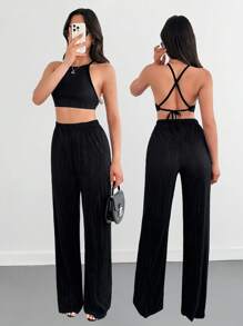 SHEIN Tall Ensemble coordonné de lounge froissé chic pour fille avec un top court à col montant et un pantalon ample. Ensemble deux-pièces en tissu pour femmes avec un Top et un pantalon à jambe large. Décontracté, élégant, pour un rendez-vous, un week-end de luxe