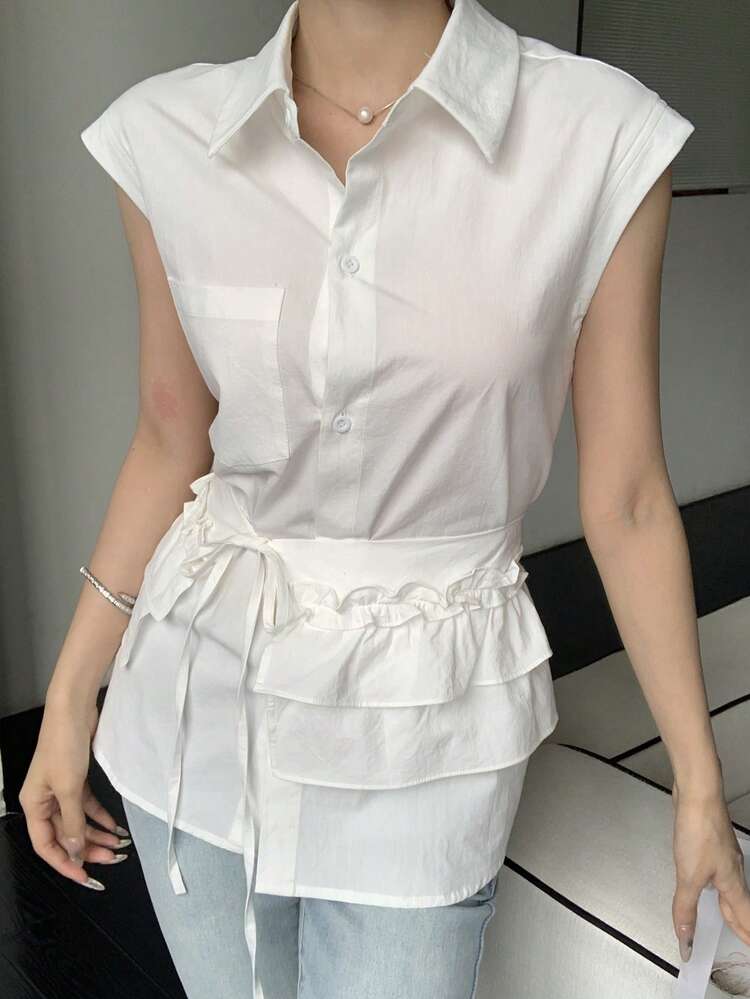 Summer Casual Simple Solid Color Shirt Style Tie Front Drawstring Waist Short Sleeve 2pcs Set For Women