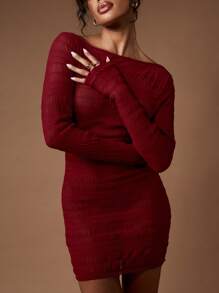 MISSGUIDED Long Sleeve Ruched Mini Dress Backless Party Club Night Evening Bodycon Mini Dress Shirred Textured Stretch Form Fitting Fall Winter Holiday Christmas - Burgundy - View 6