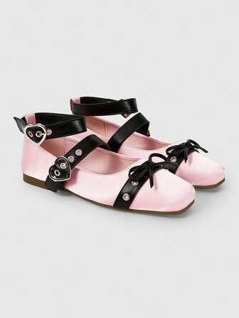 Kawaii Bailarinas con diseño de hebilla y moño de puntera cuadrada, estilo elegante y punk dulce, color rosa adecuado para fiestas, uso diario, vestido de noche, cómodas y versátiles de fácil slip-on para mujer