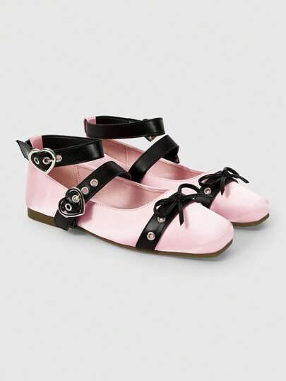 Kawaii Women's Elegant Fashion Square Toe Buckle Bow Design Flats, Sweet Punk Style, Pink Color Suitable For Party, Everyday Wear, Evening Dress, Comfortable Versatile Slip-On