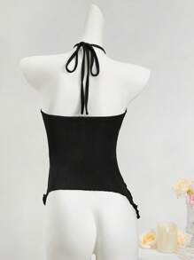SHEIN ICON 女式纯色时尚开叉不对称下摆挂脖背心 - 黑色 - 查看 2