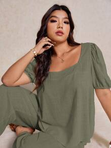 Elaquor 2pcs/Set Plus Size Women Solid Color Puff Sleeve Top And Shorts Set, Casual Summer,Business Casual Woman,Two Piece Set Women - Army Green - View 4