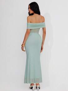 Roylia Vestido de cóctel ceñido de mujer elegante con hombros descubiertos, malla calada y plisados, con cola de pez - verde menta - Ver 2
