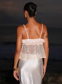 Opulessa Áo hai dây màu trơn lấp lánh đính sequin và hạt cườm, thích hợp cho kỳ nghỉ biển, tiệc tốt nghiệp, sinh nhật, tiệc sang trọng, sân bay, tiệc tùng thanh lịch, lễ tốt nghiệp, dạ hội, buổi tối sang trọng, mùa thu đông, ngày Quốc khánh, năm mới, đi chơi. - Màu be - Xem 6