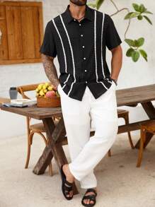 ResortEase 大码男士夏季度假风格撞色蕾丝丝带短袖衬衫男士黑色纽扣衬衫