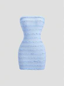 Sweetra Casual Knitted Ruffle Trim Bodycon Mini Dress With Open Back Tie-Up Detail, Light Blue, Spring/Summer