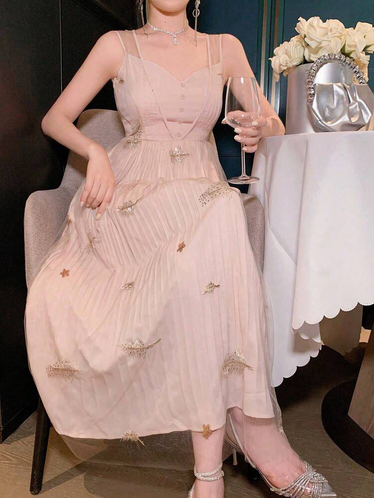 Women's 3D Flower V-Neck Pleated Sleeveless Maxi Dress