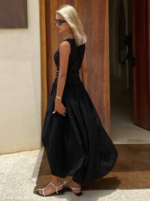 DAZY Women's Solid Color Round Neck Sleeveless A-Line Umbrella Skirt Dress, Waisted Casual Vacation Summer Long Dress Maxi Dress - Black - View 2