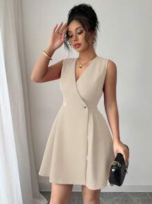 Elenzga Women's Elegant Casual Vacation & Work Solid Color Cross V-Neck Double Metal Buckle Pleated A-Line Sleeveless Mini Dress, Spring/Summer